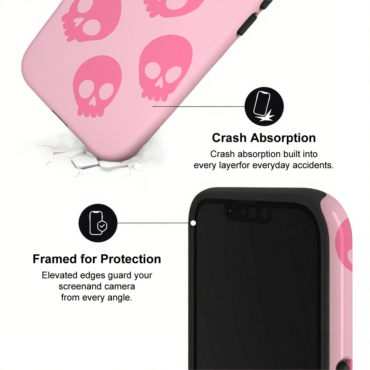 Phone case with pink skull design and text about crash absorption and protection.