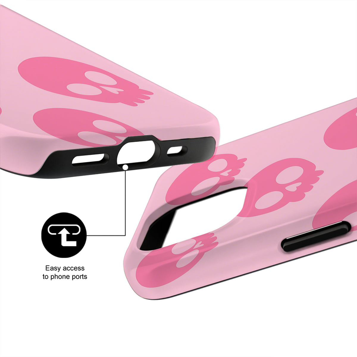 Pink phone case with butterfly design and easy access to phone ports feature.
