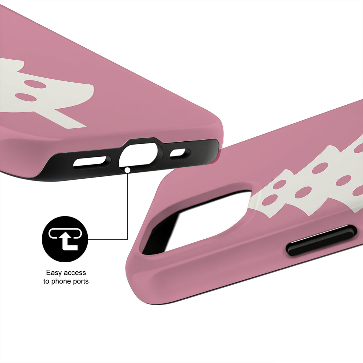 Pink phone case with white text and design, showing ease of access to phone ports.