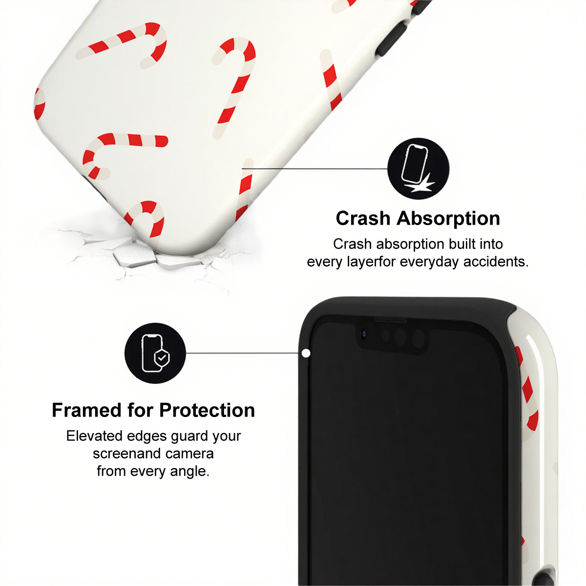 Phone case with crash absorption and protection features on a white background