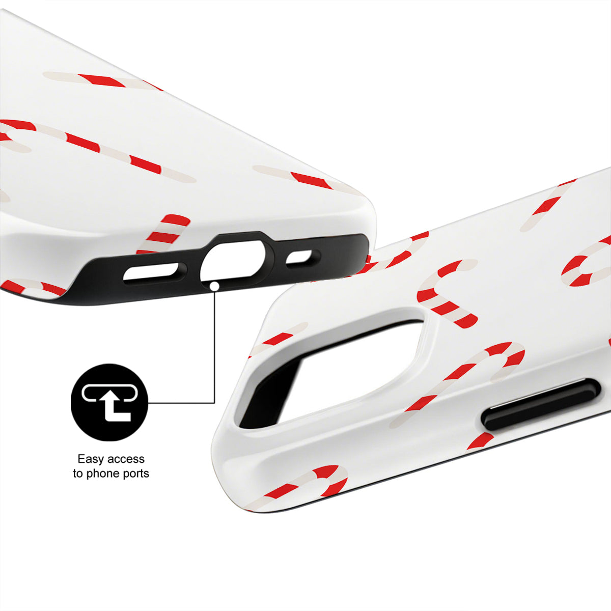 White phone case with red accents and text indicating easy access to phone ports on a white background.