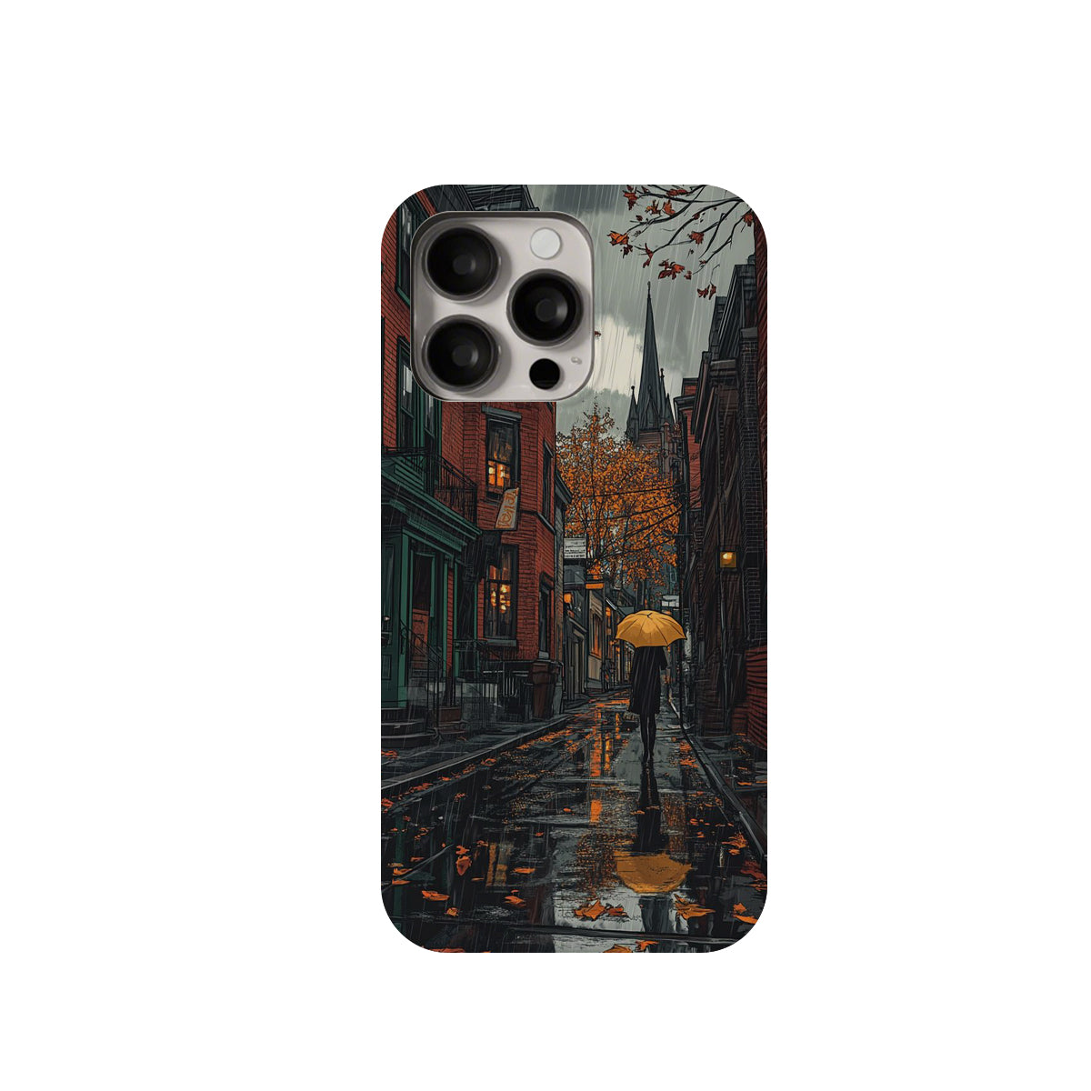 Phone case with a painting of a person holding an umbrella in a city street