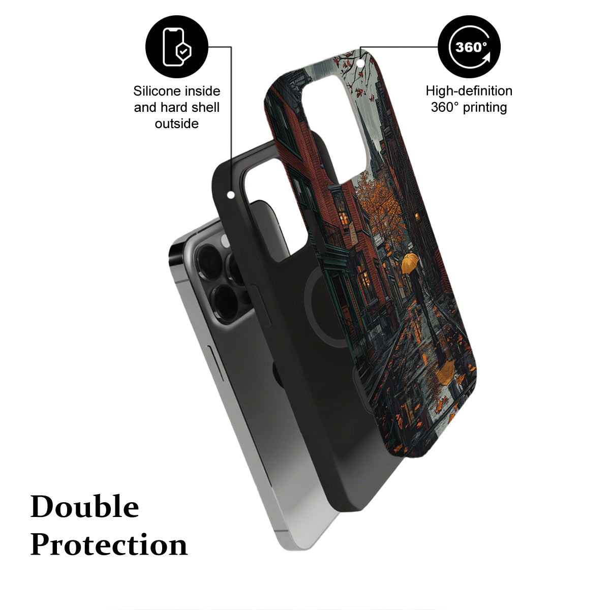 Phone case with features highlighted on a white background