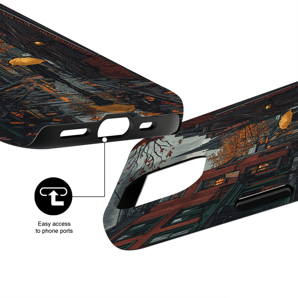 Phone case with artistic design and text 'Easy access to phone ports' on a white background