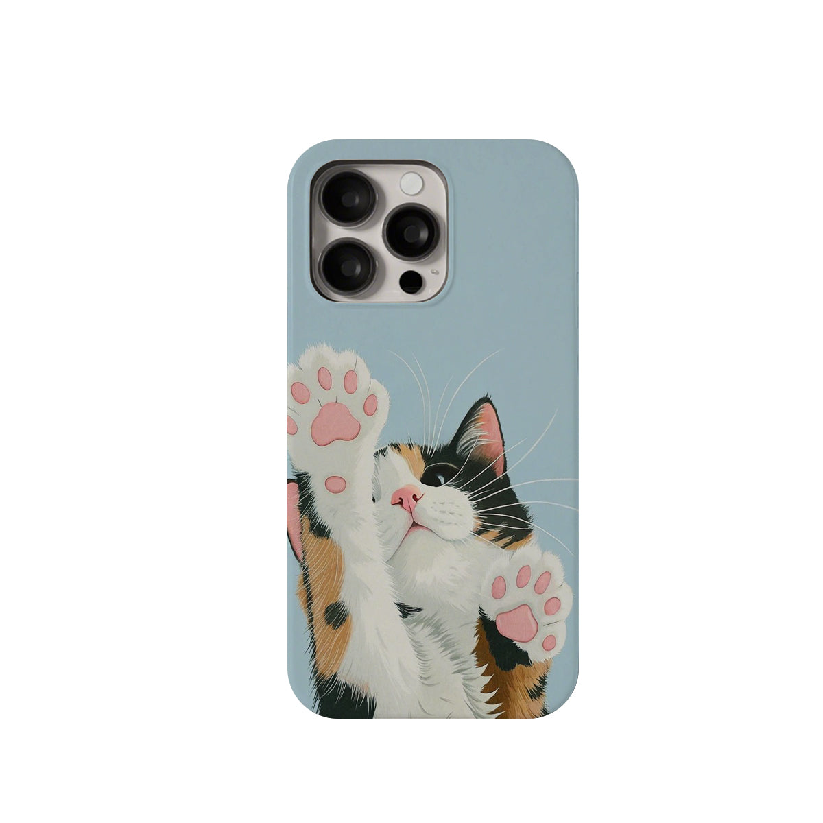 Phone case with a calico cat design on a light blue background