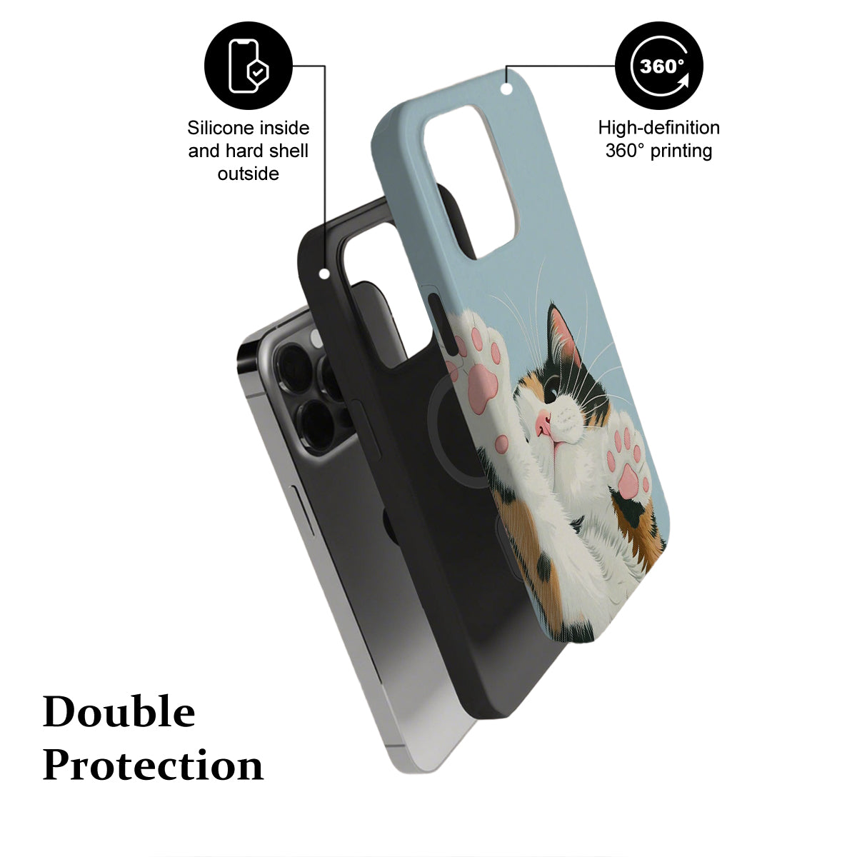 Phone case with cat design and text highlighting features on a white background