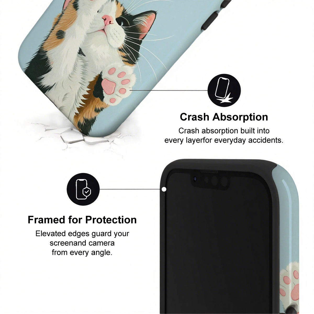 Phone case with a cat design and text highlighting crash absorption and protection features.