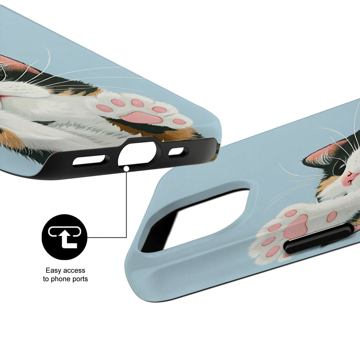 Phone case with cat design and text 'Easy access to phone ports' on a white background