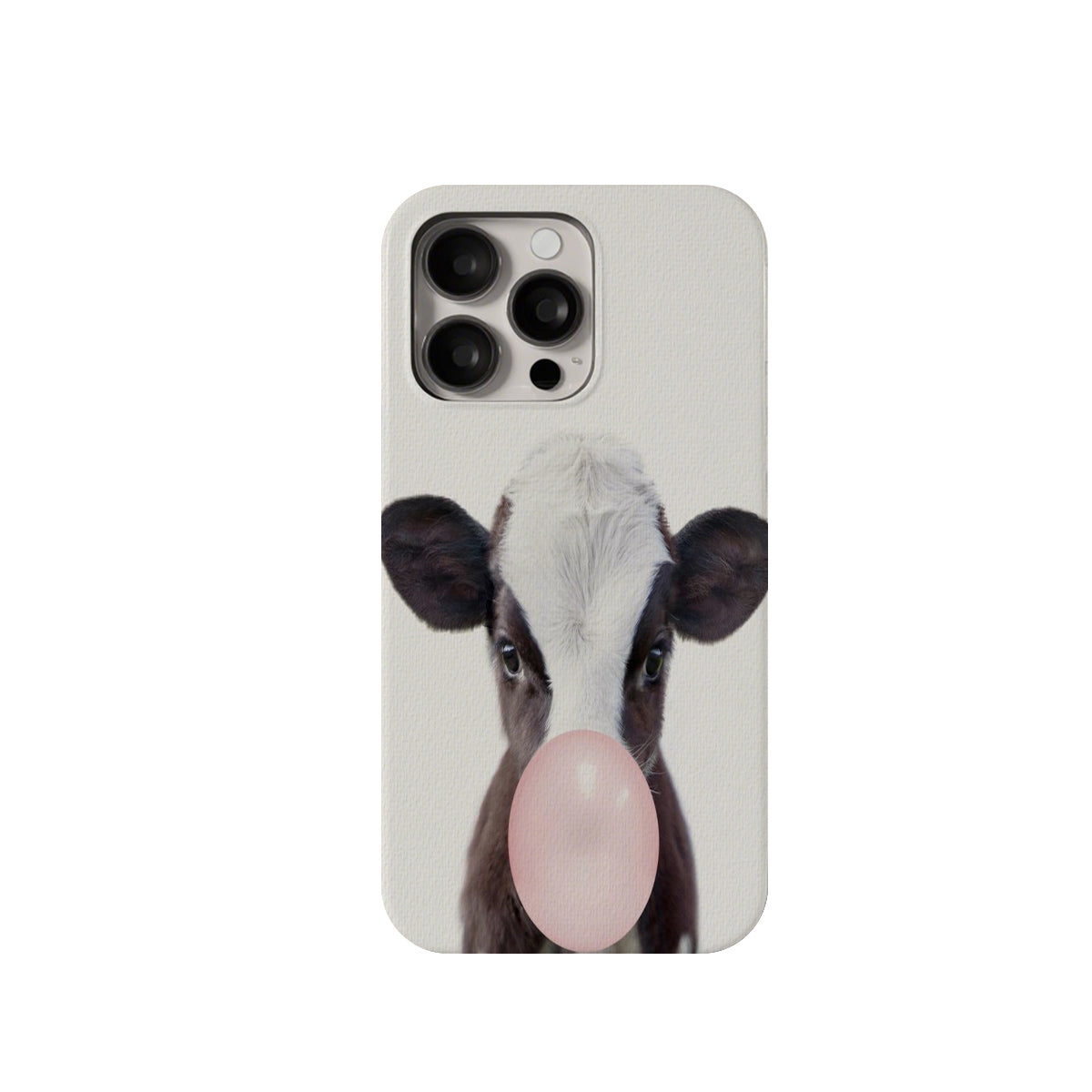 Phone case with a cow blowing a bubble gum bubble design on a white background