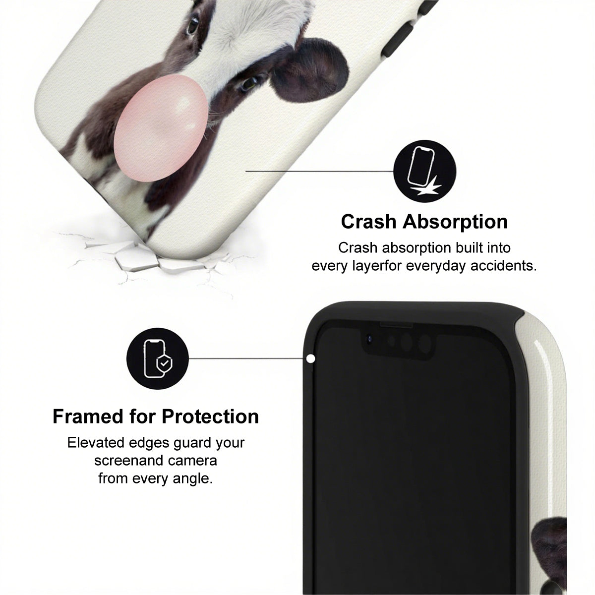 Phone case with dog design and text highlighting crash absorption and protection features.