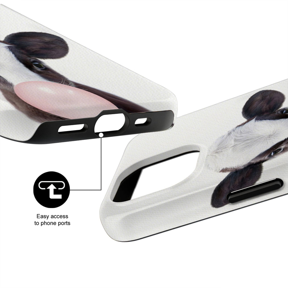 Phone case with panda design and text 'Easy access to phone ports' on a white background