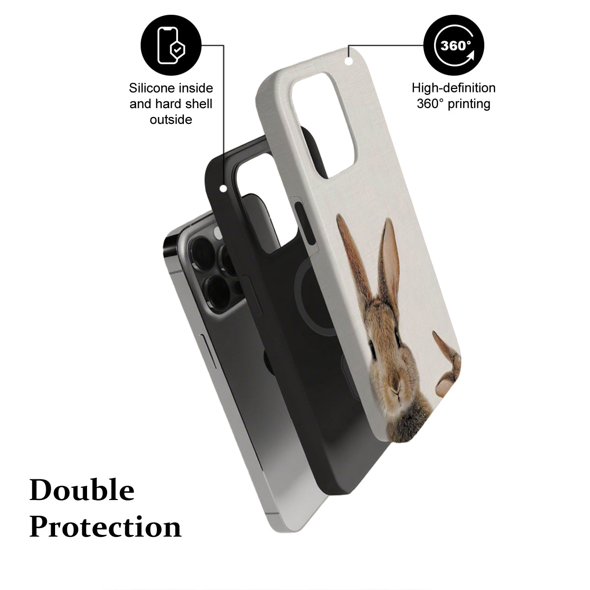 Phone case with rabbit design, highlighting features on a white background