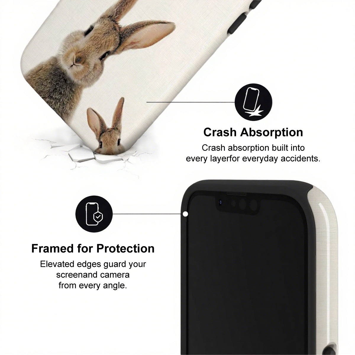 Phone case with rabbit design and text highlighting crash absorption and protection features.