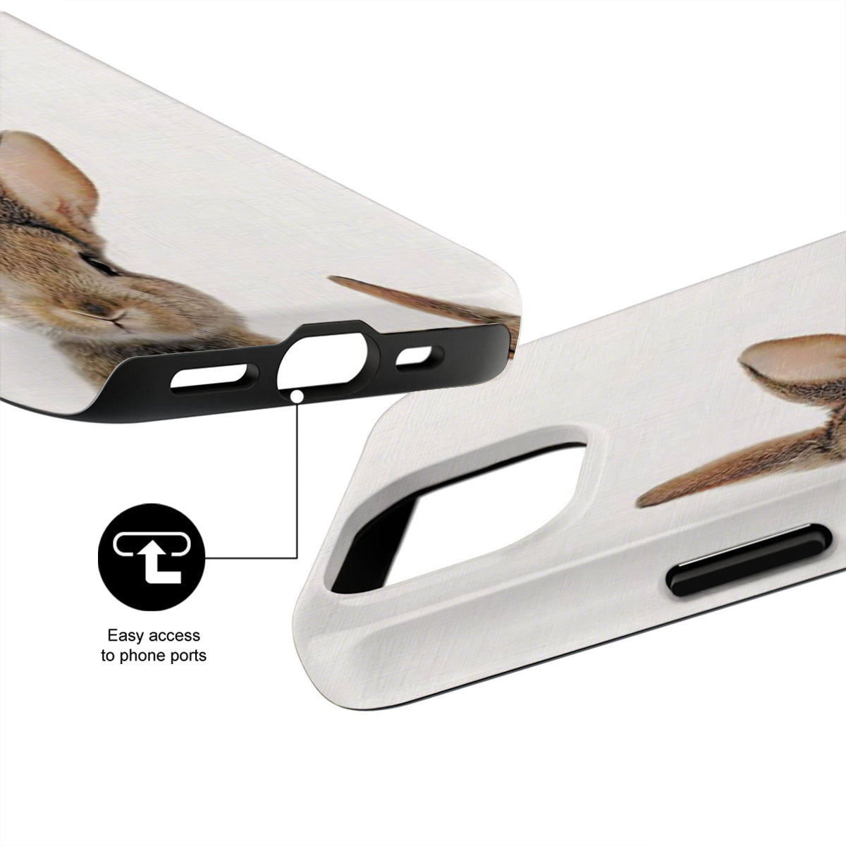 Phone case with a rabbit design and text indicating easy access to phone ports.