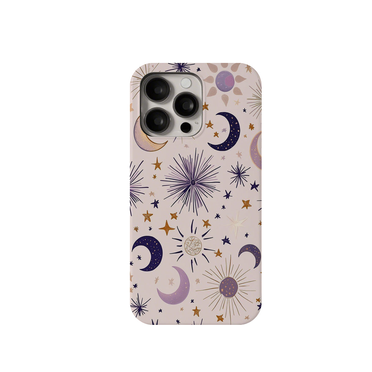 Phone case with celestial design featuring moons, stars, and suns on a light background