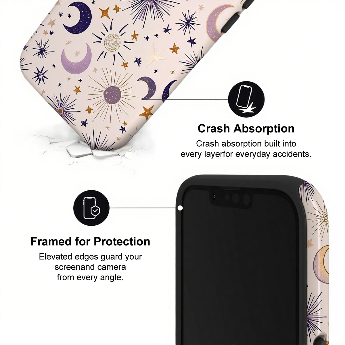 Phone case with star and moon pattern and text about crash absorption and protection.
