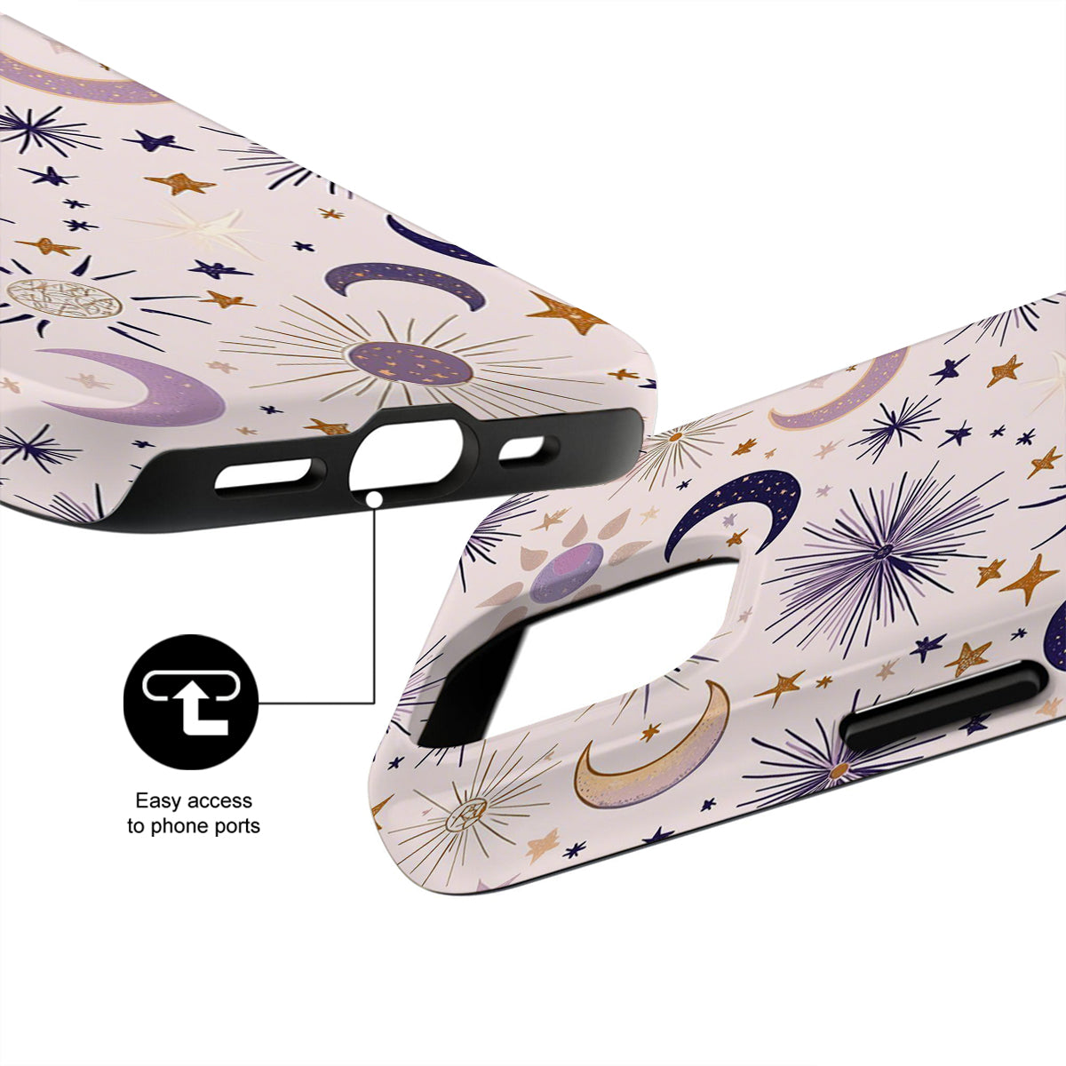 Phone case with celestial design on a white background