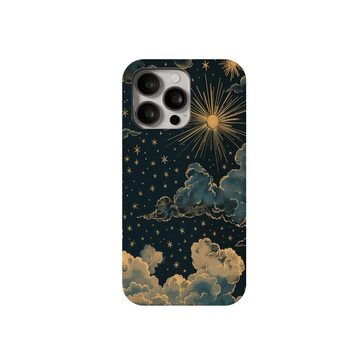 Phone case with celestial design featuring sun, stars, and clouds on a dark background
