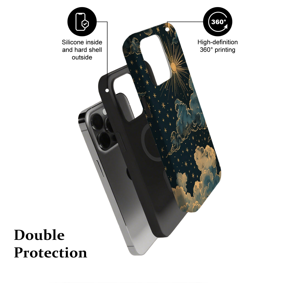 Phone case with starry night design and text highlighting features on a white background