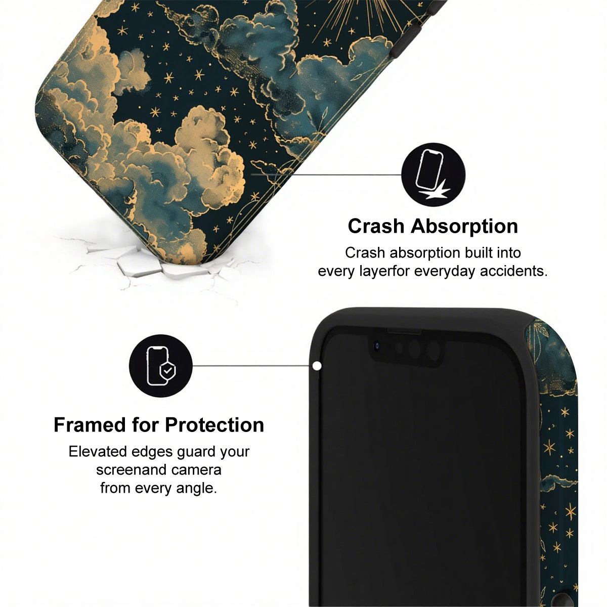 Phone case with starry night design and text highlighting crash absorption and protection.