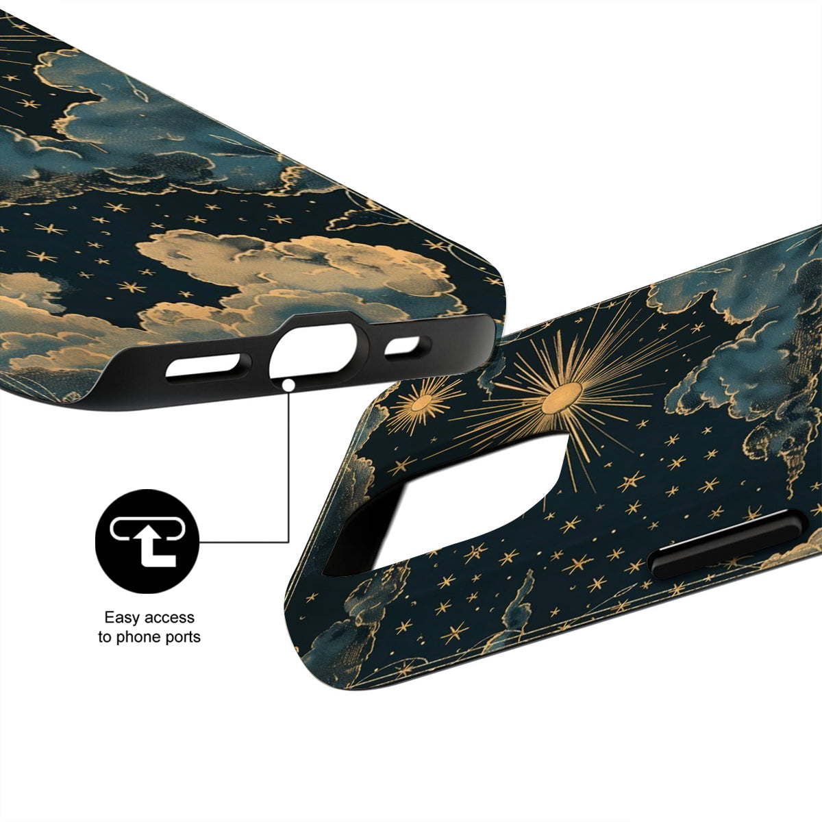 Phone case with celestial design and text 'Easy access to phone ports'.