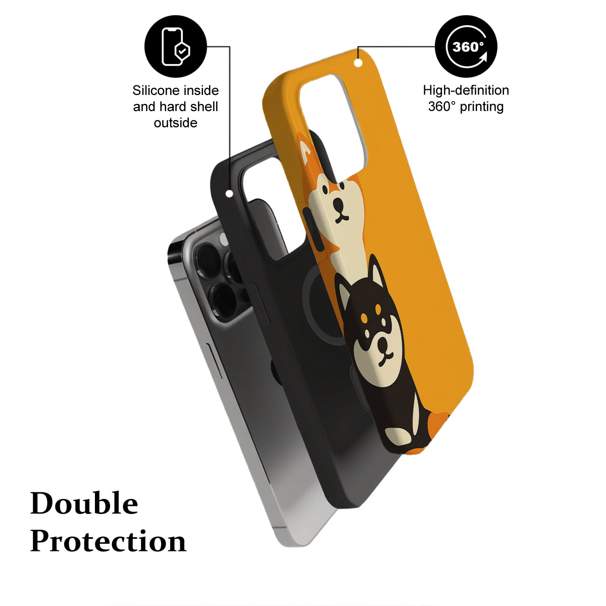 Phone case with dog design and text highlighting features on a white background