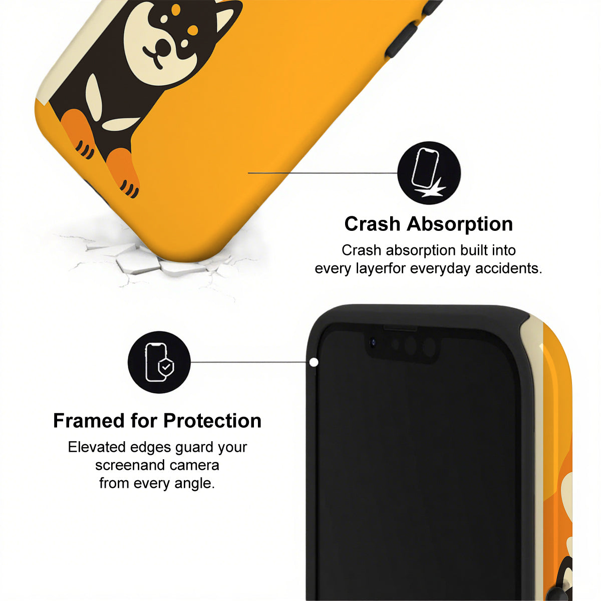 Phone case with cartoon dog design and text about crash absorption and protection.