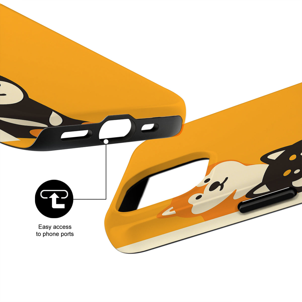 Phone case with ghost design and text 'Easy access to phone ports' on a white background