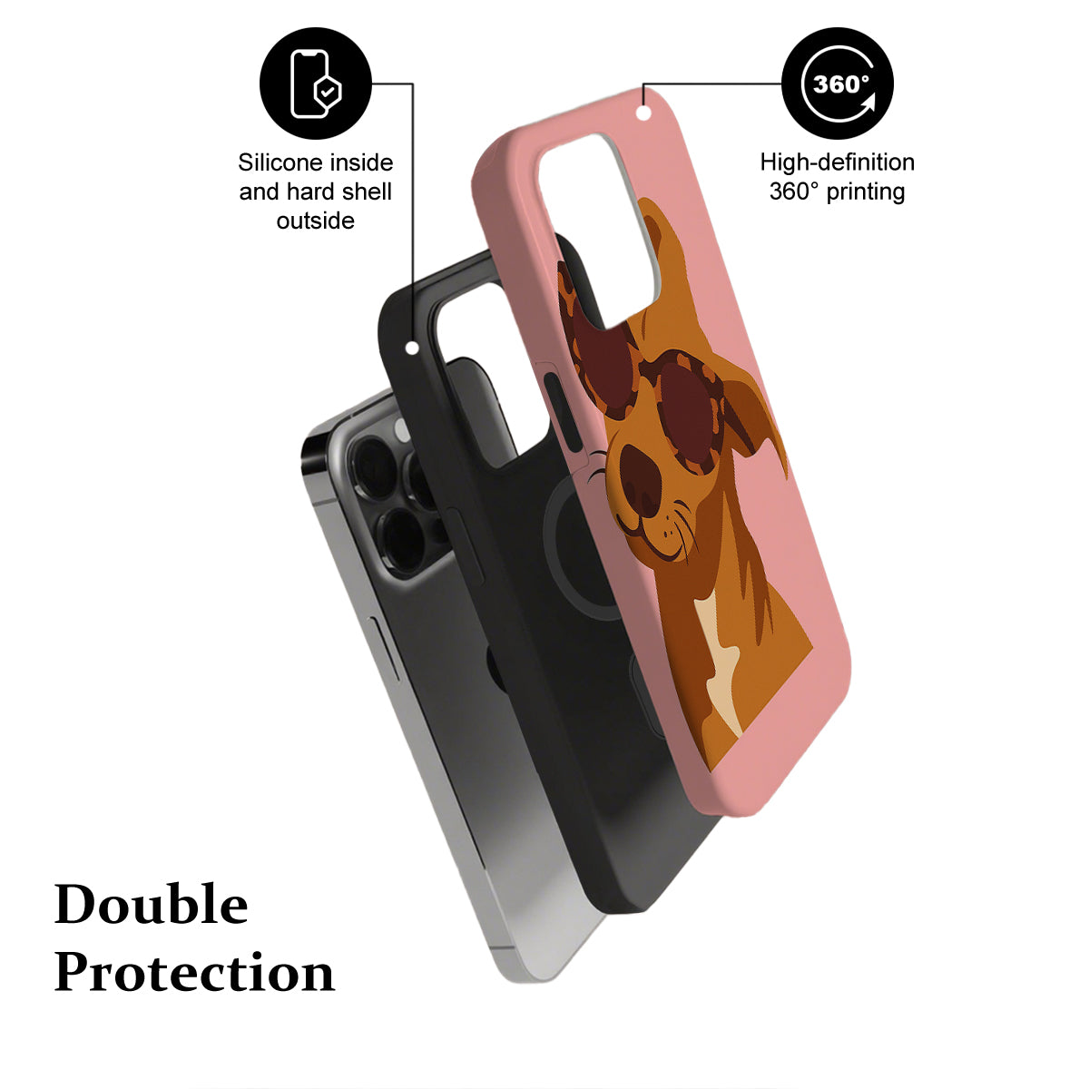 Phone case with dog design, highlighting features on a white background