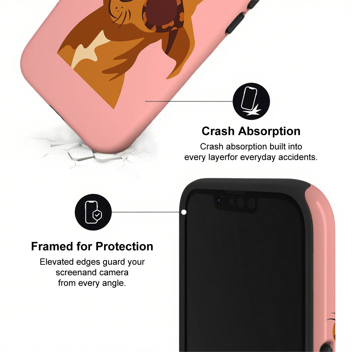Phone case with cartoon design and text highlighting crash absorption and protection features.