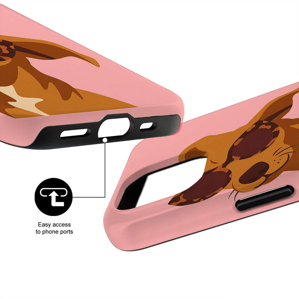 Phone case with dog illustration and text 'Easy access to phone ports' on a white background