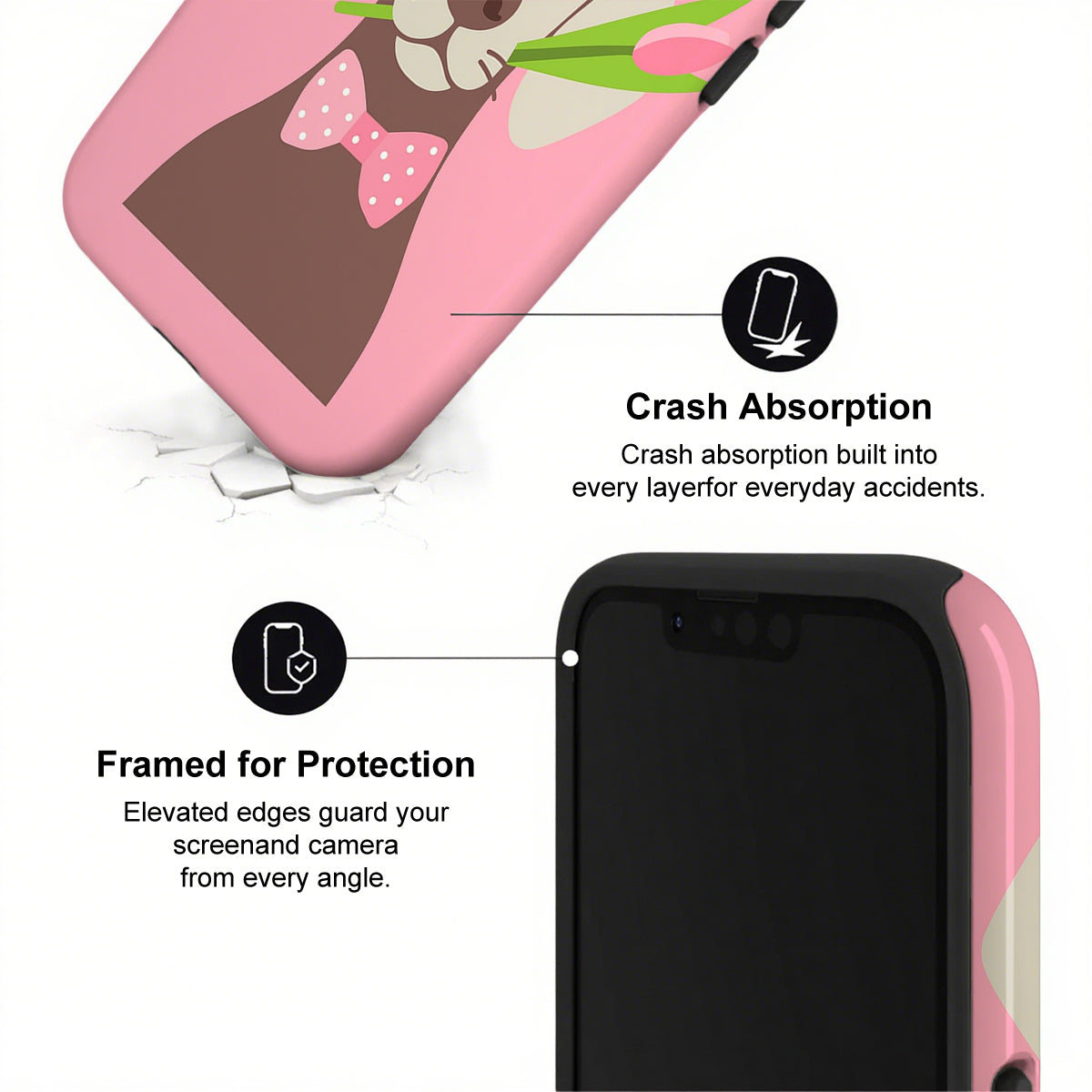 Phone case with crash absorption and protection features on a white background