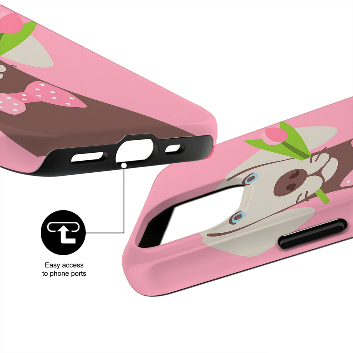 Pink phone case with cartoon design and text 'Easy access to phone ports' on a white background