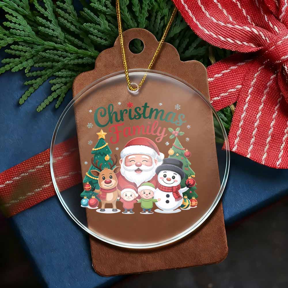 Christmas family-themed ornament with Santa, reindeer, and snowman on a brown tag.
