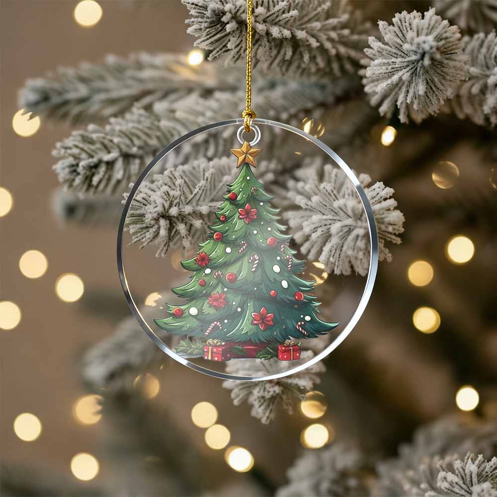 Decorative Christmas tree ornament with a star on a blurred Christmas tree background.