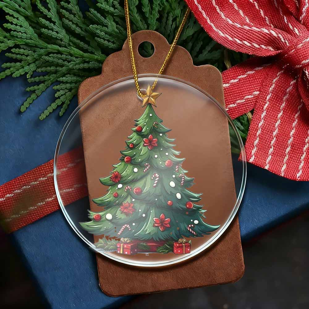 Decorative Christmas tree ornament on a brown tag with red and white ribbons in the background.