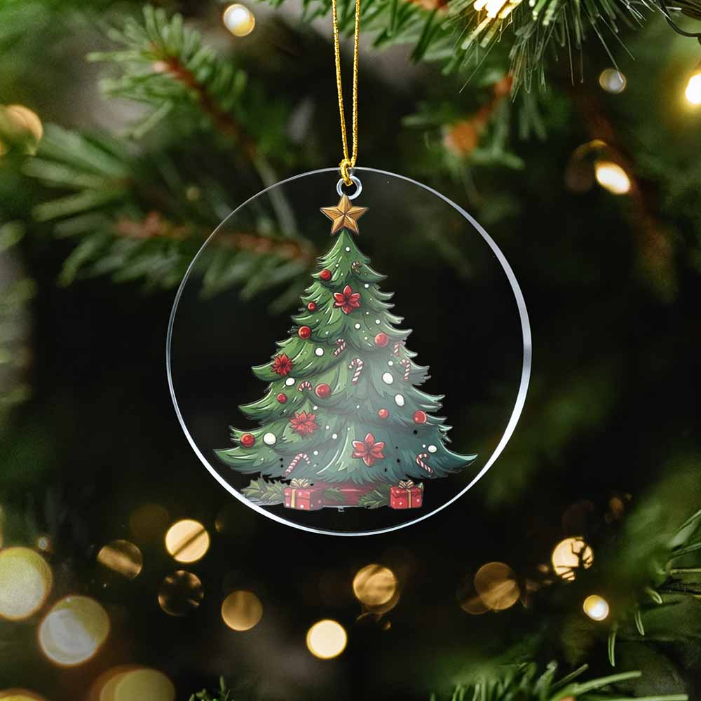 Christmas tree ornament hanging on a decorated tree with lights in the background