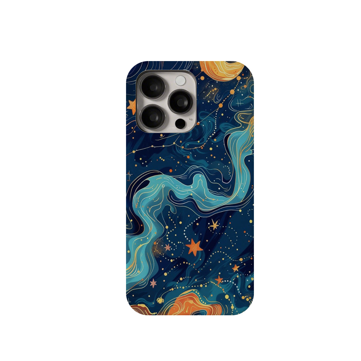 Phone case with a cosmic design featuring stars and swirling patterns on a blue background.