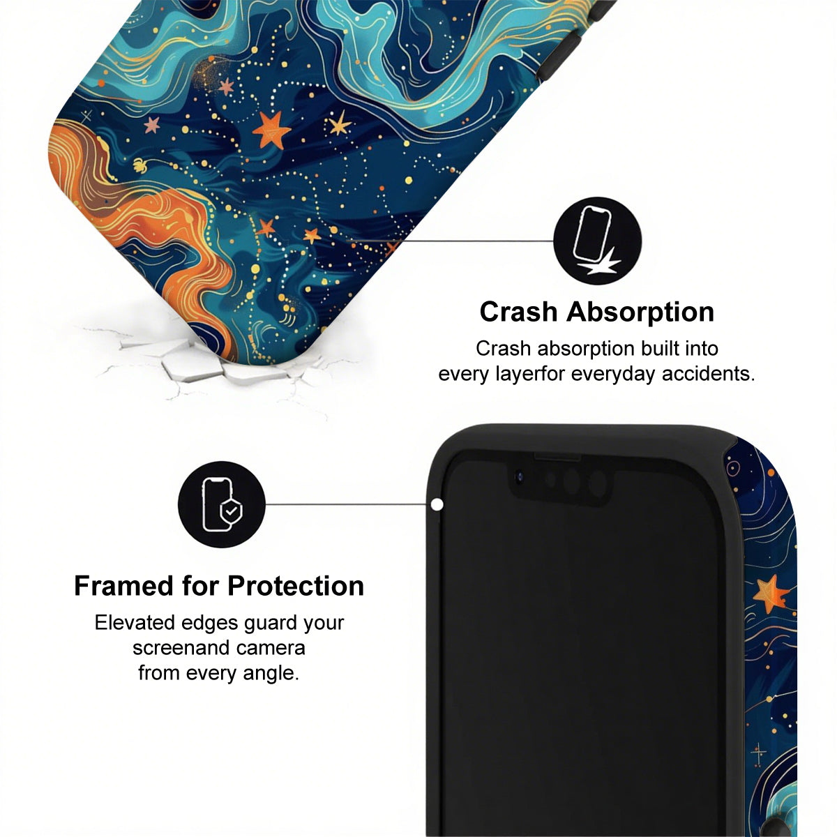 Phone case with starry night design and text about crash absorption and protection.