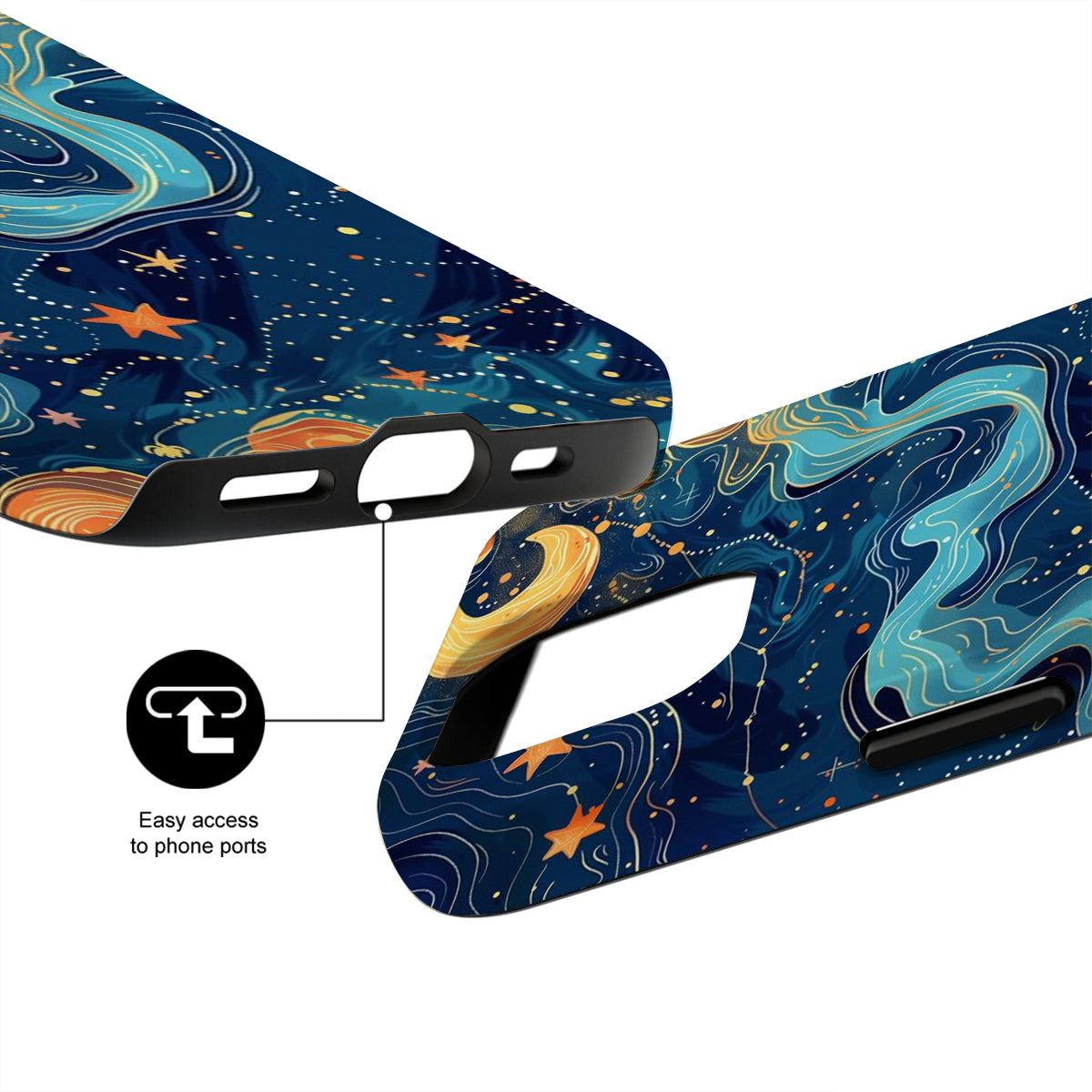 Space-themed phone case with star and planet design on a white background