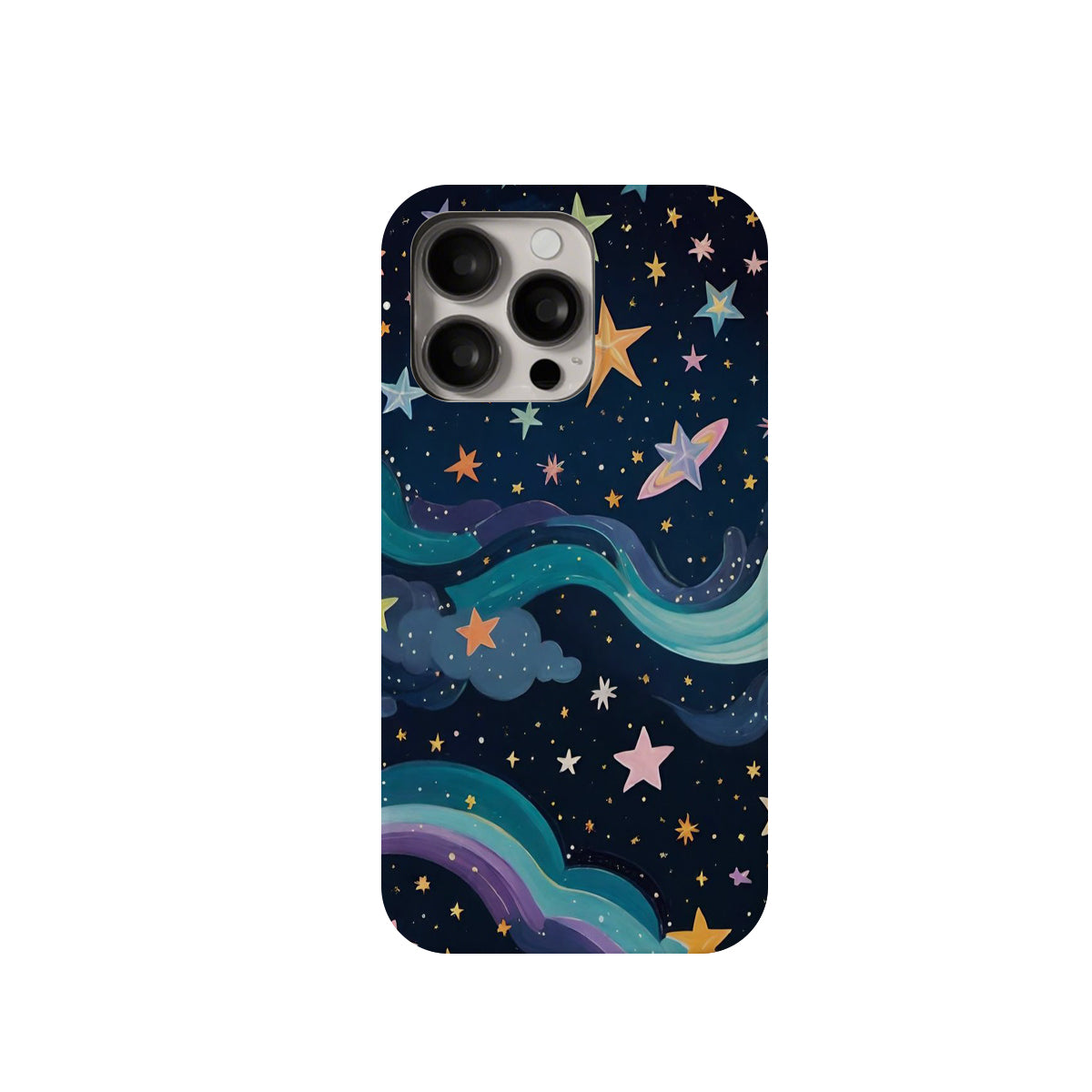 Phone case with star and galaxy design on a dark blue background