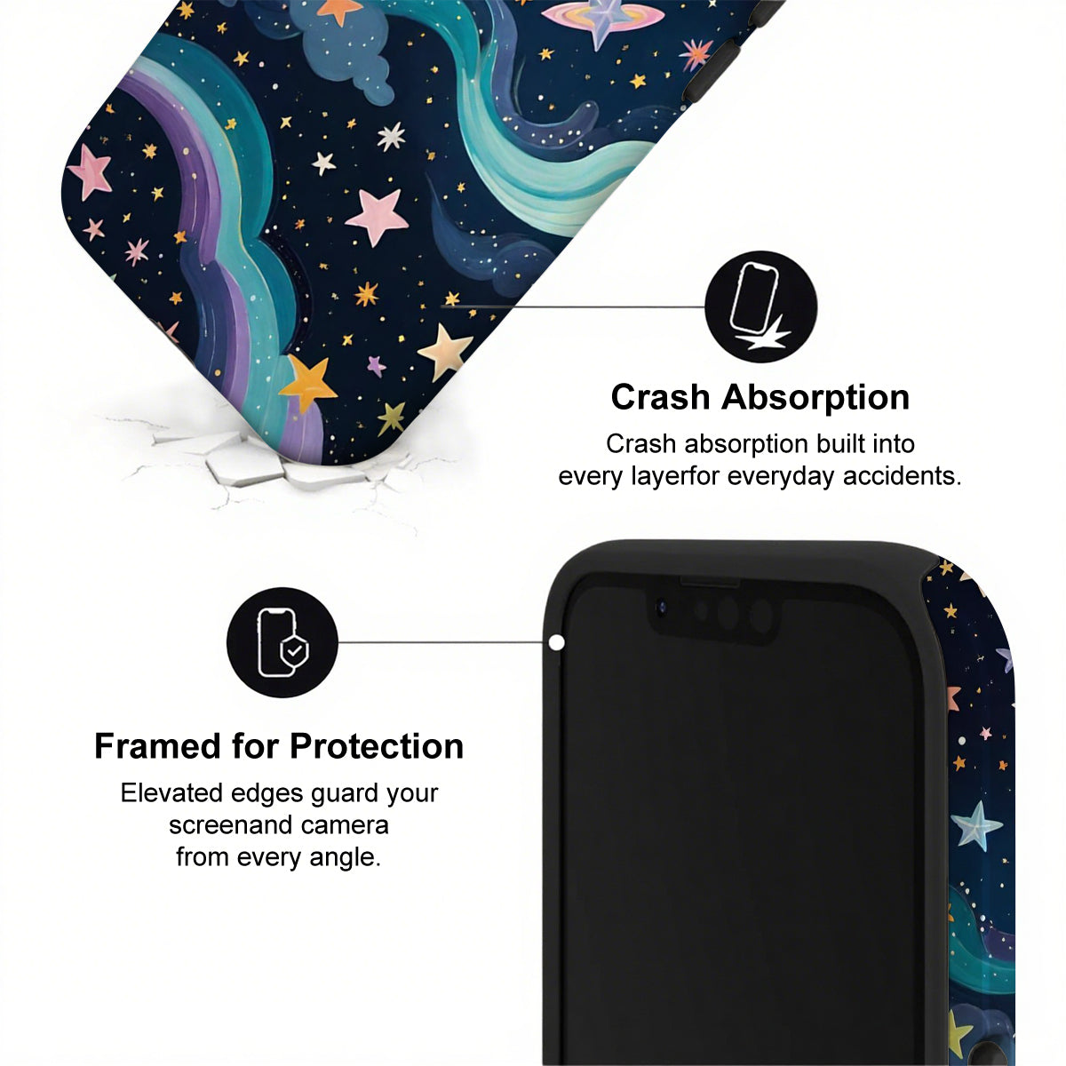 Phone case with starry night design and text about crash absorption and protection.