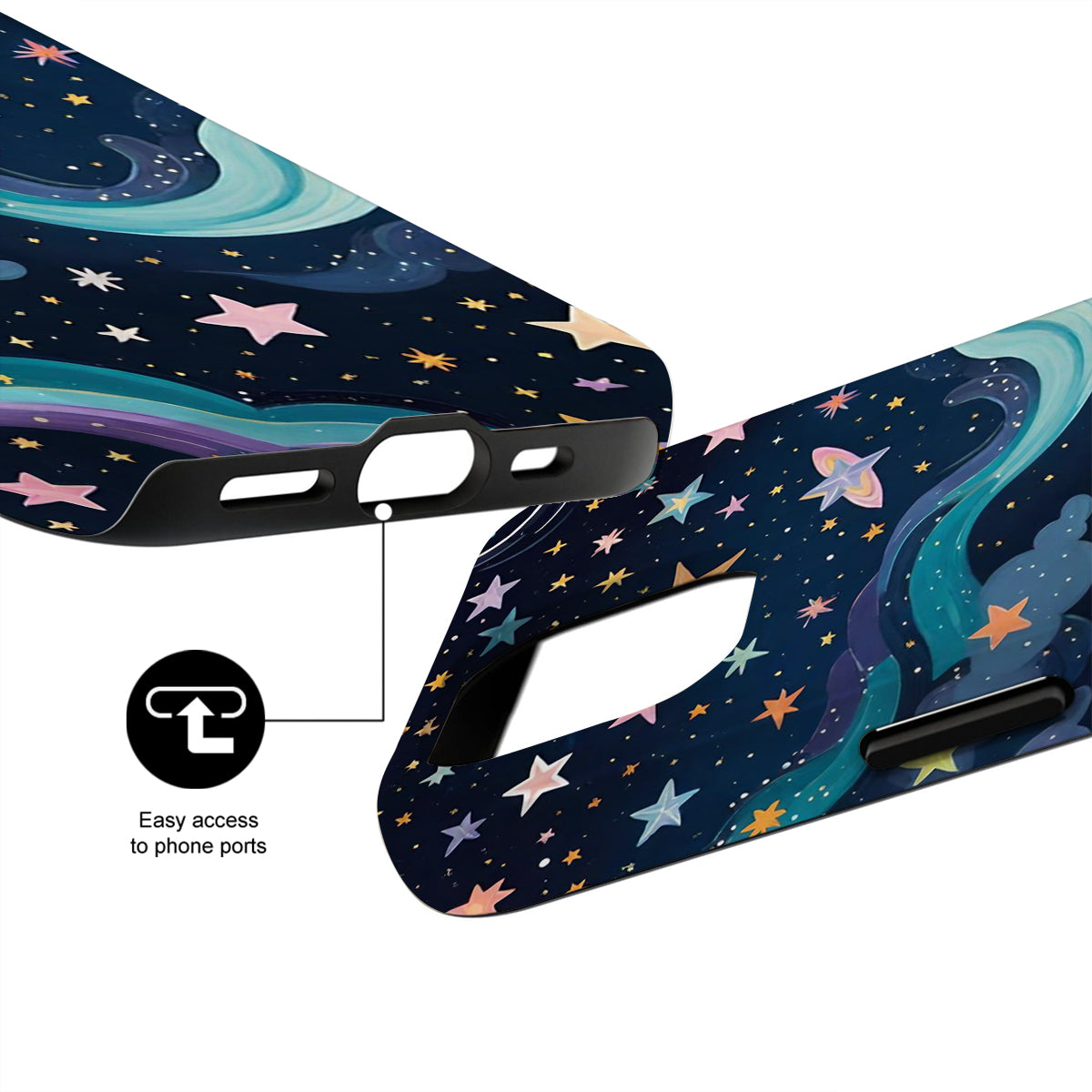 Phone case with starry night design and easy access to phone ports feature