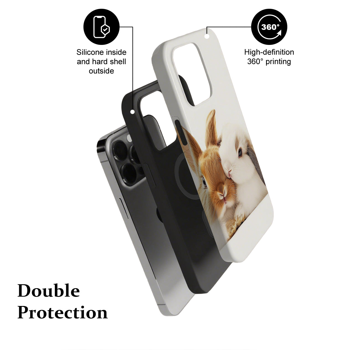 Phone case with a cat design, featuring text on double protection and 360-degree printing.