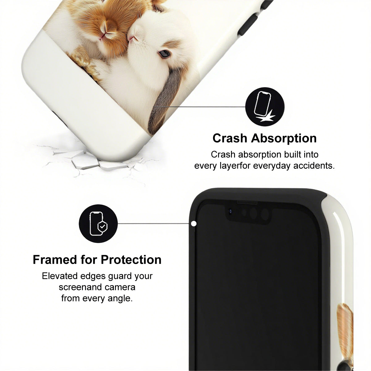 Phone case with rabbit design and text highlighting crash absorption and protection features.