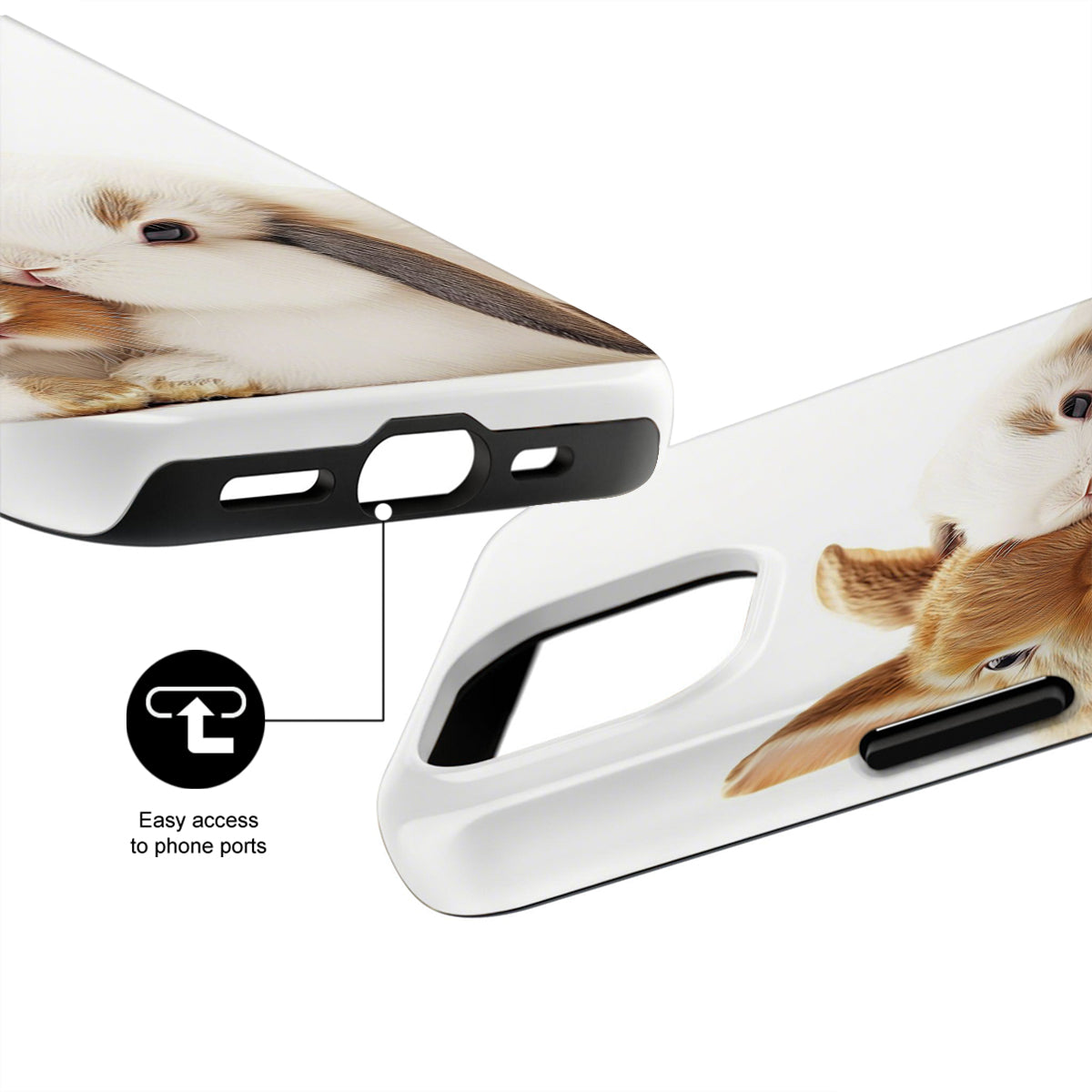 Phone case with a rabbit design and text indicating easy access to phone ports.