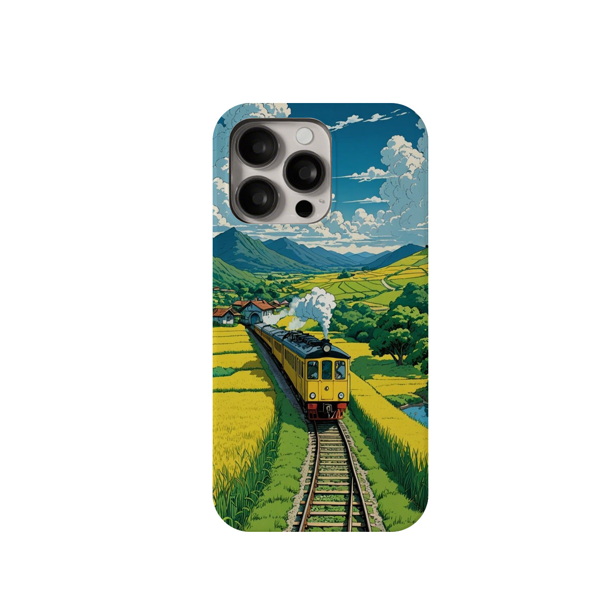 Phone case with a vintage-style train design on a scenic landscape