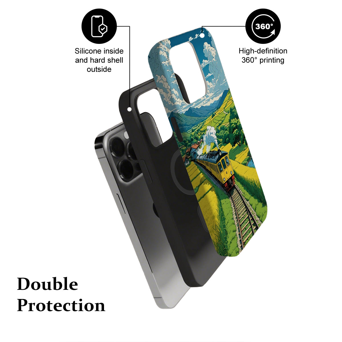 Phone case with scenic design and text highlighting features on a white background