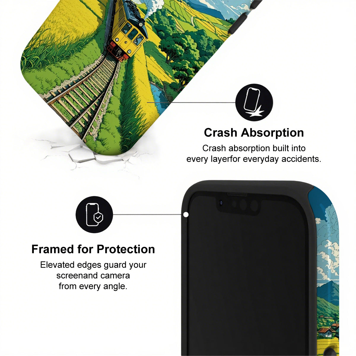 Phone case with scenic design and text highlighting crash absorption and protection features.