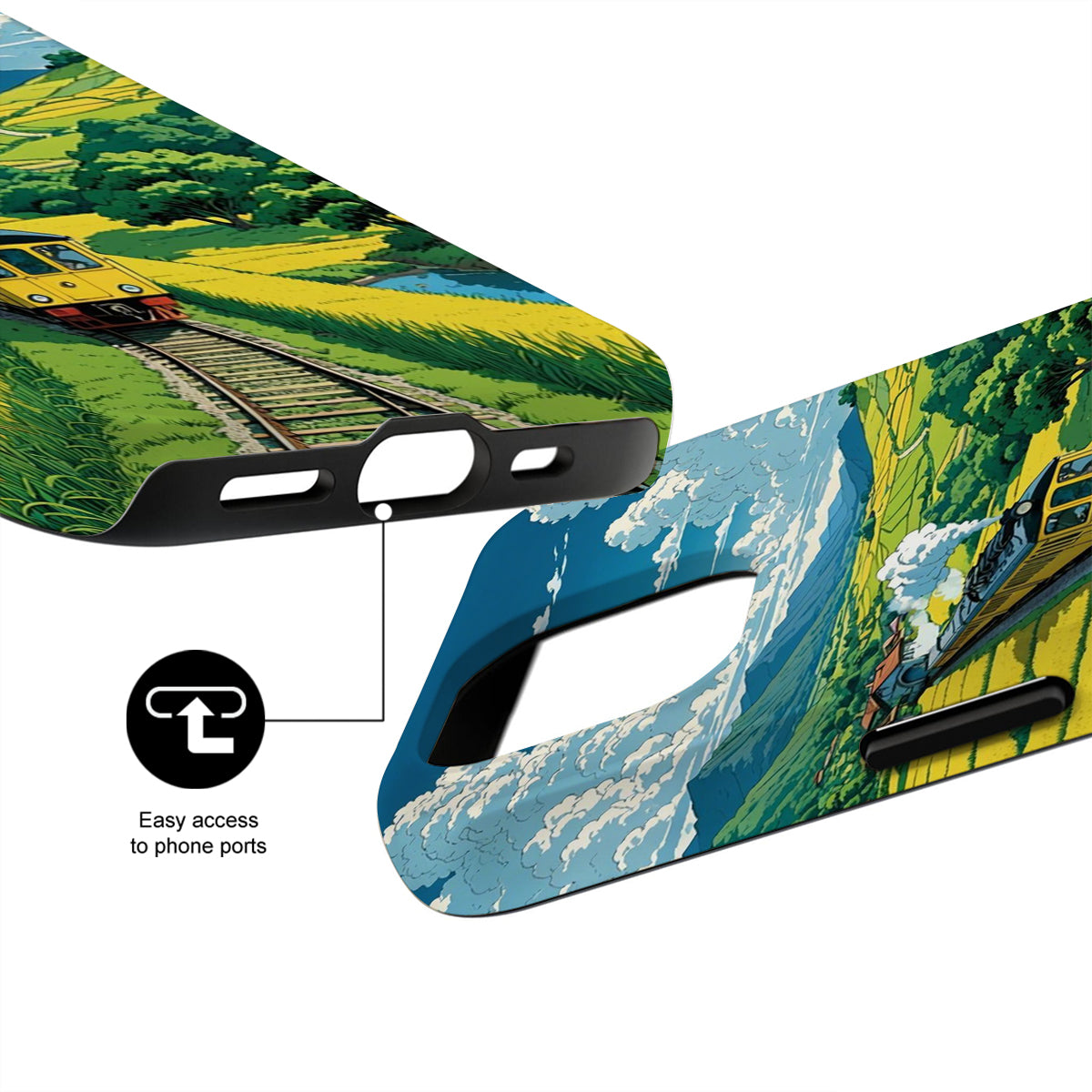 Phone case with scenic design of a train on tracks, featuring easy access to phone ports.